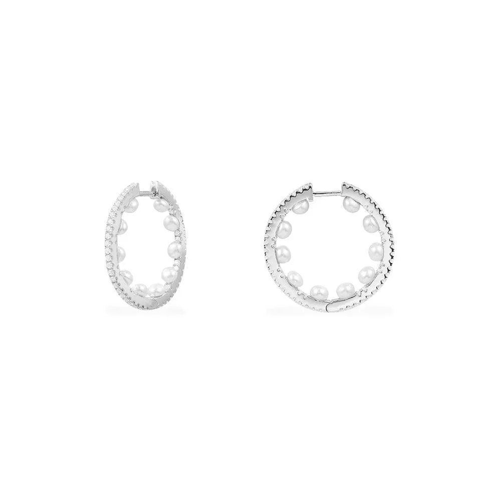 Small Pavé Hoop Earrings with Pearls - Silver