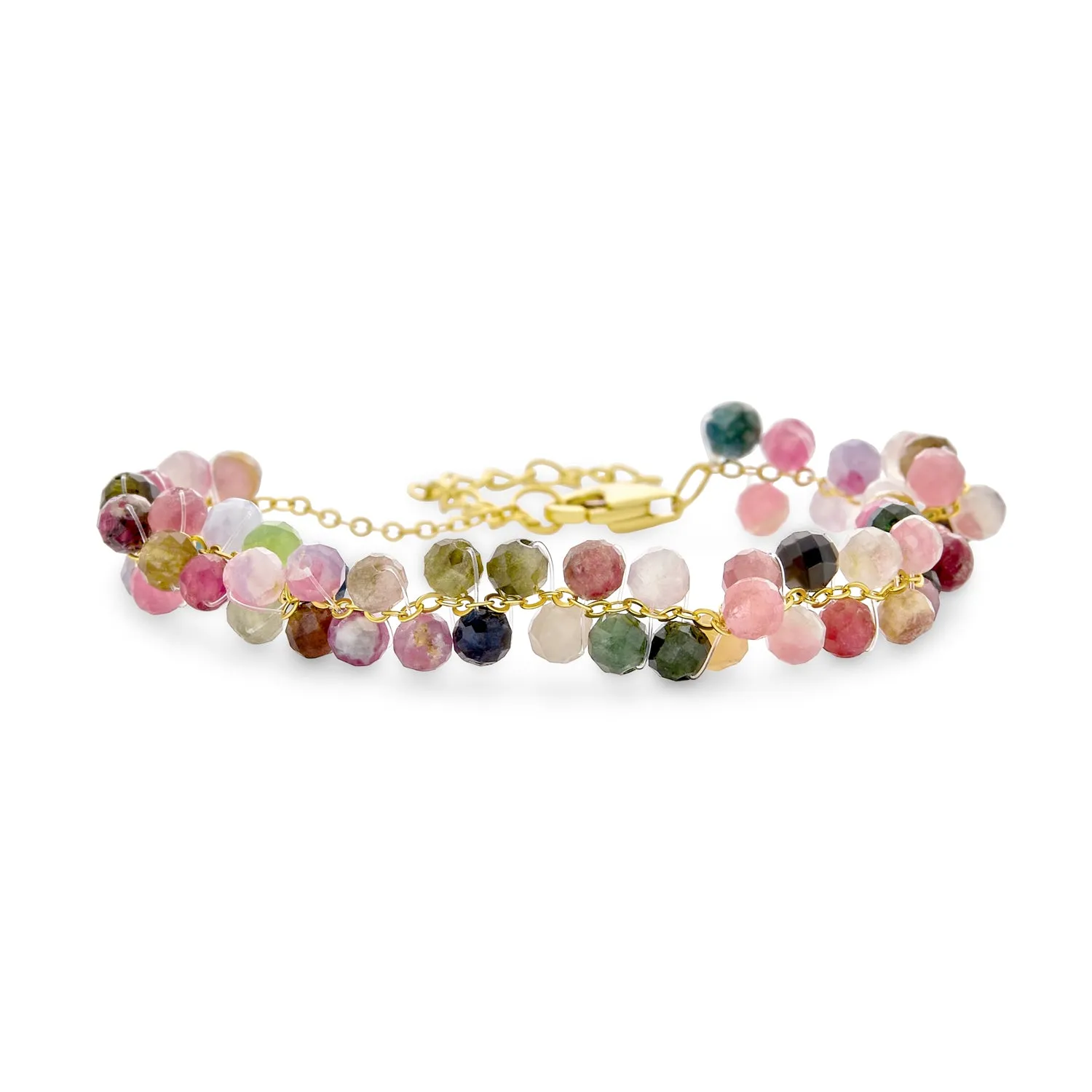 Small Wrist Chain Link Bracelet with Rainbow Tourmaline and 18K Gold Plating