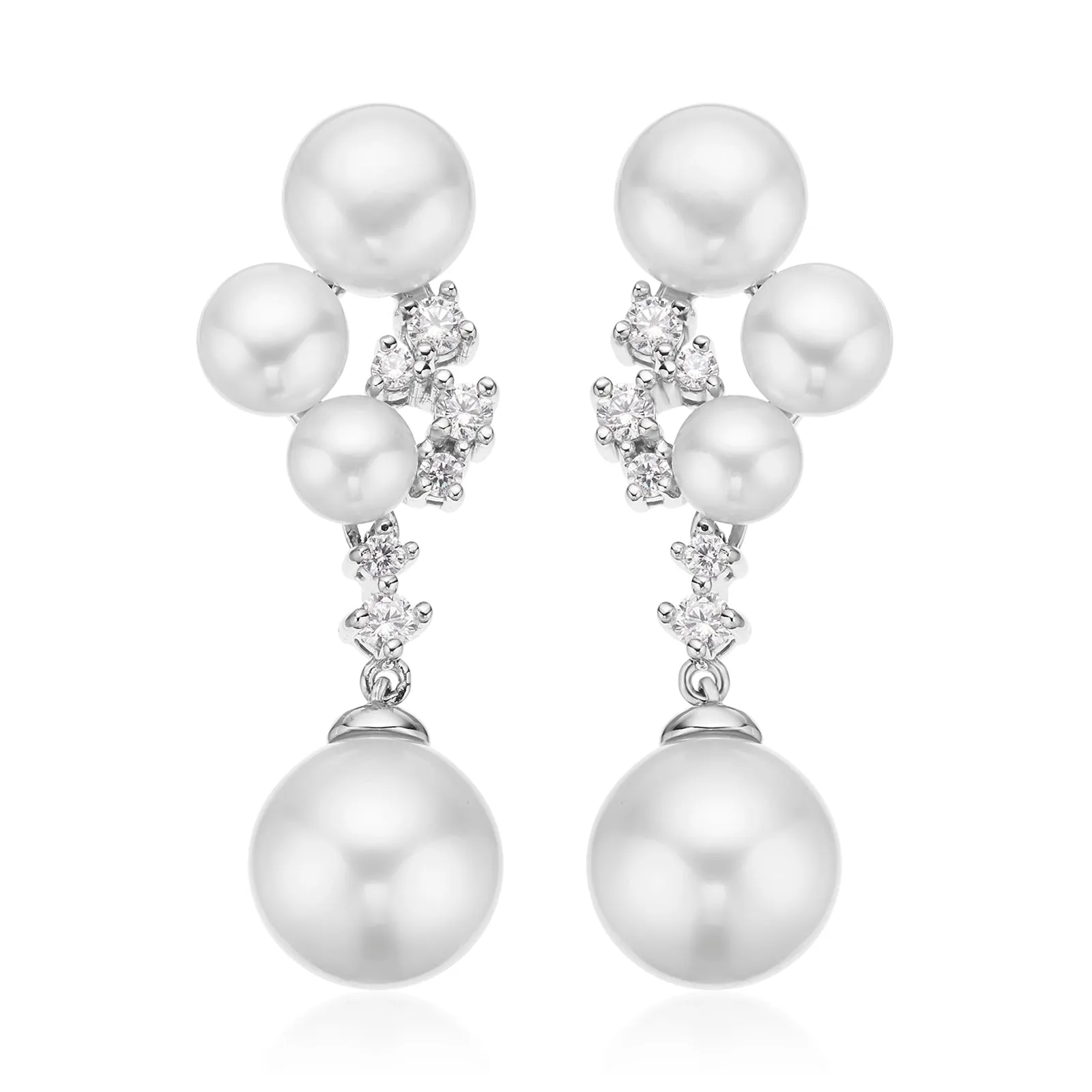 Sterling Silver Button Fresh Water Pearl & Cubic Zirconia Drop Earrings