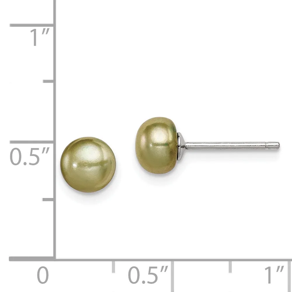 Sterling Silver Button Pearl Green Post Earring