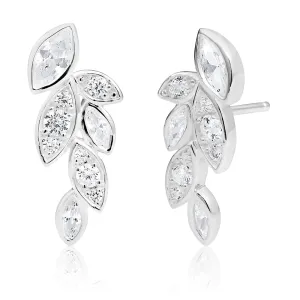 Sterling Silver Cubic Zirconia Leaf Curve Stud Earrings