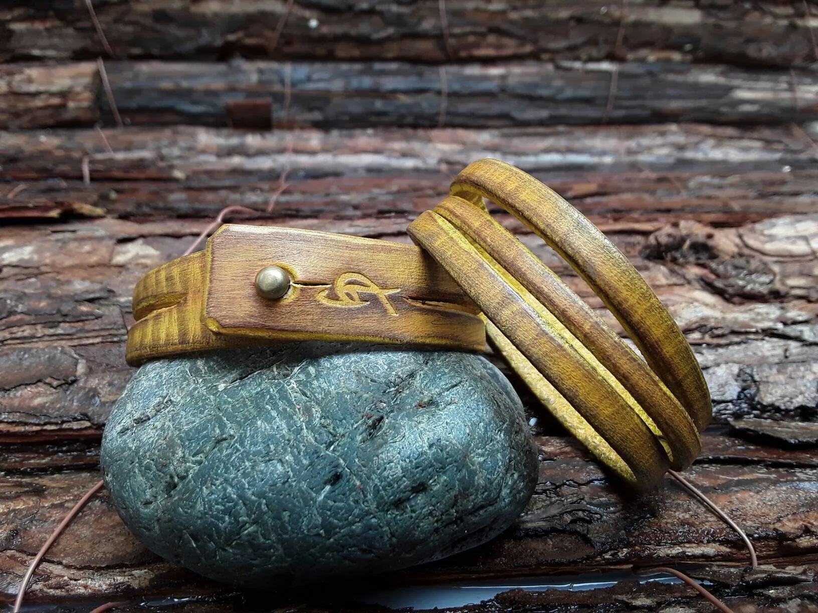 Stylish Yellow Genuine Leather Cuff Bracelet - Durable Mens Wrap