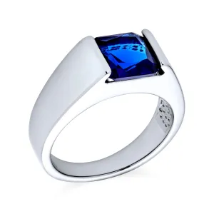 Traditional Mens Stainless Steel Blue Sapphire CZ Square Cut Engagement Ring