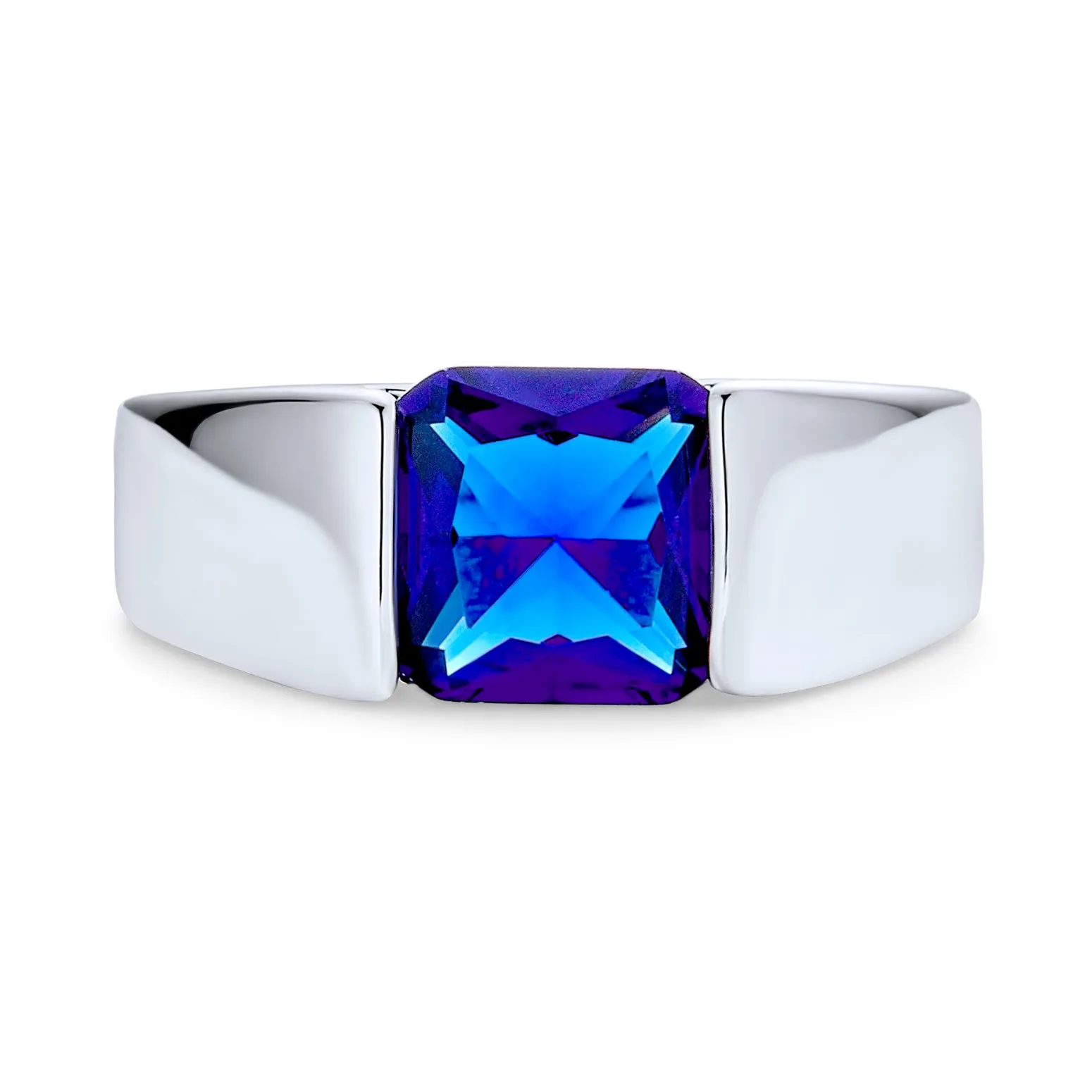 Traditional Mens Stainless Steel Blue Sapphire CZ Square Cut Engagement Ring