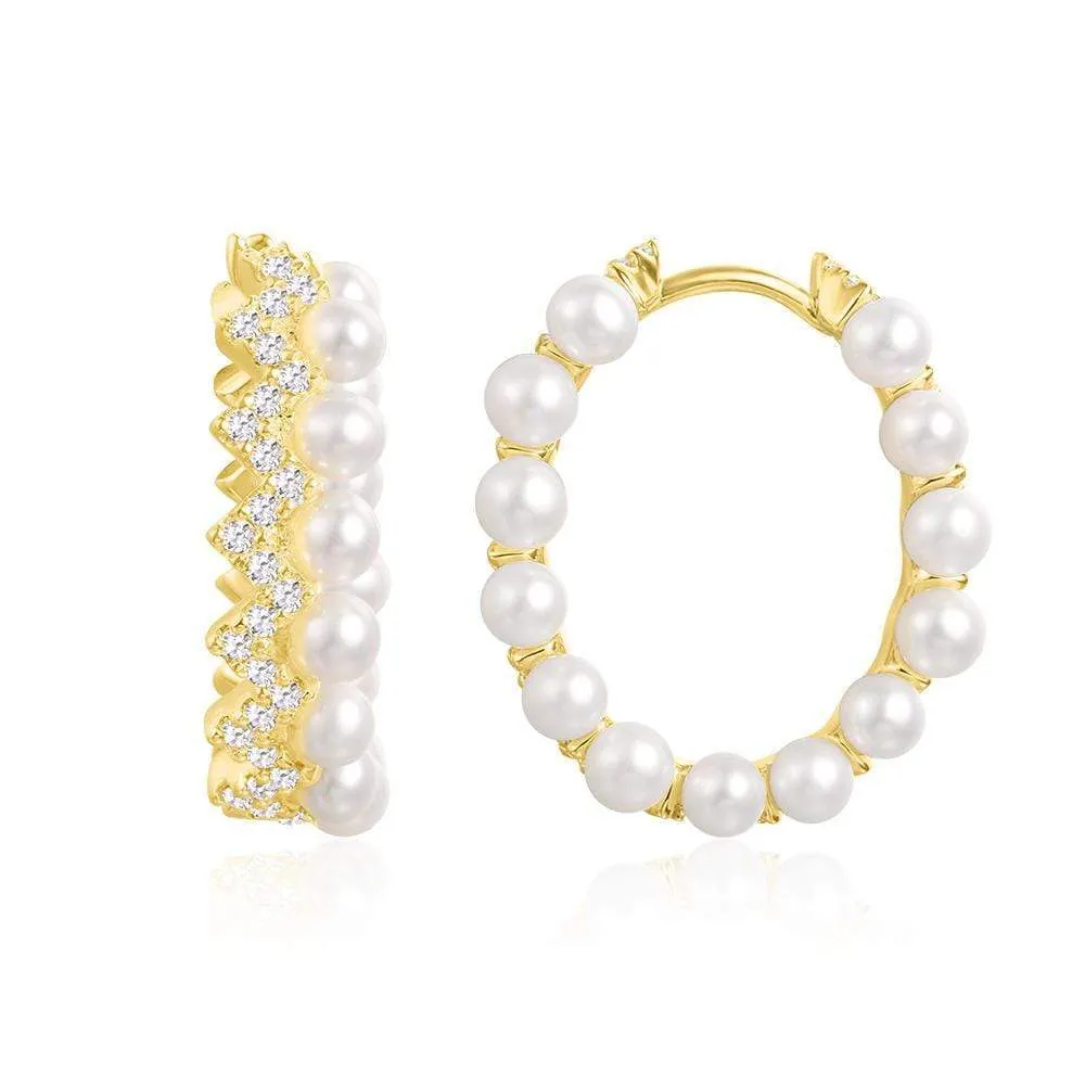 Up And Down Hoop Earrings with Pearls - Yellow Silver