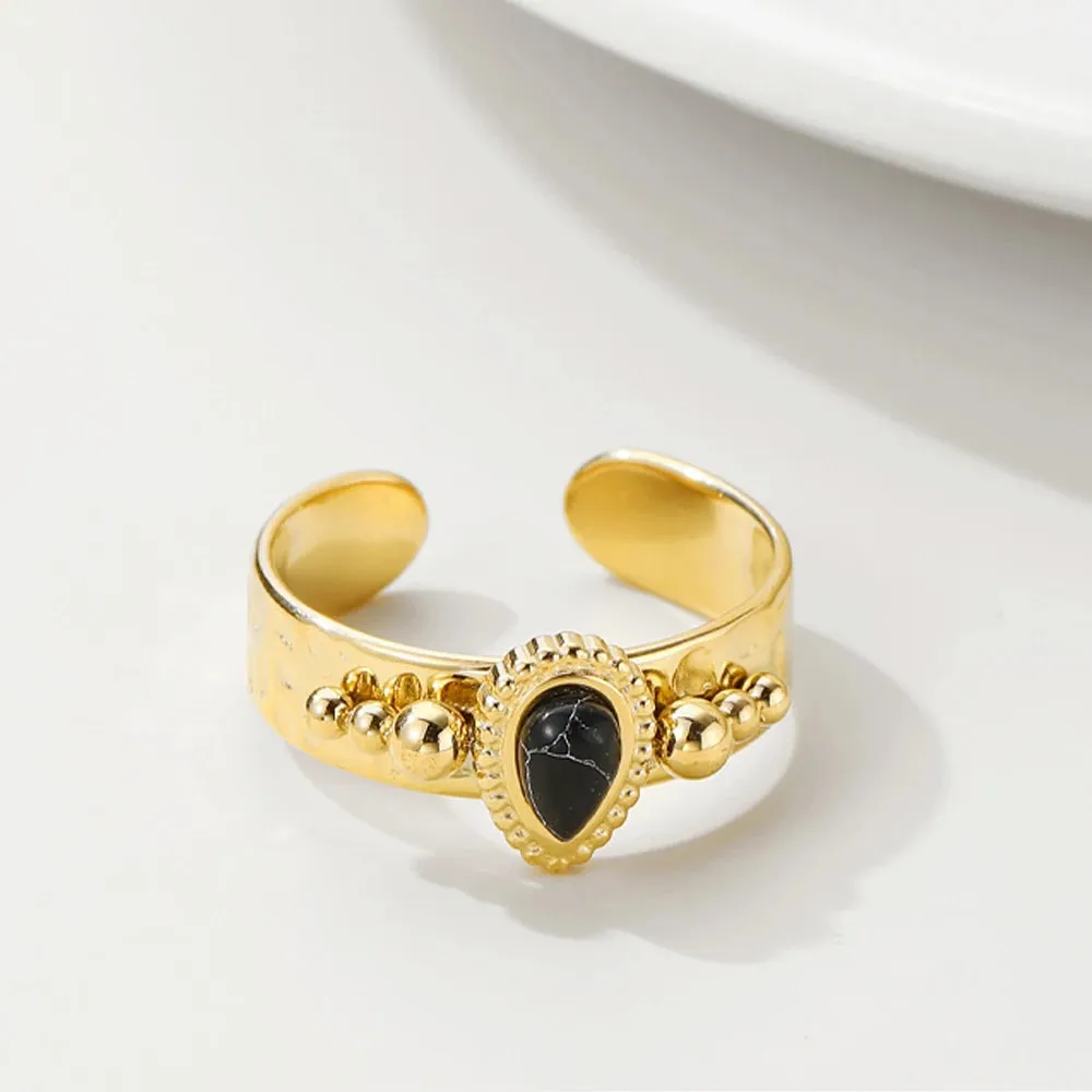 VAIGE Adjustable Black Natural Stone & Gold Stainless Steel Henley Ring