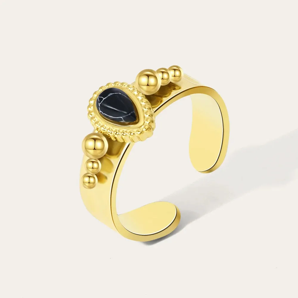 VAIGE Adjustable Black Natural Stone & Gold Stainless Steel Henley Ring