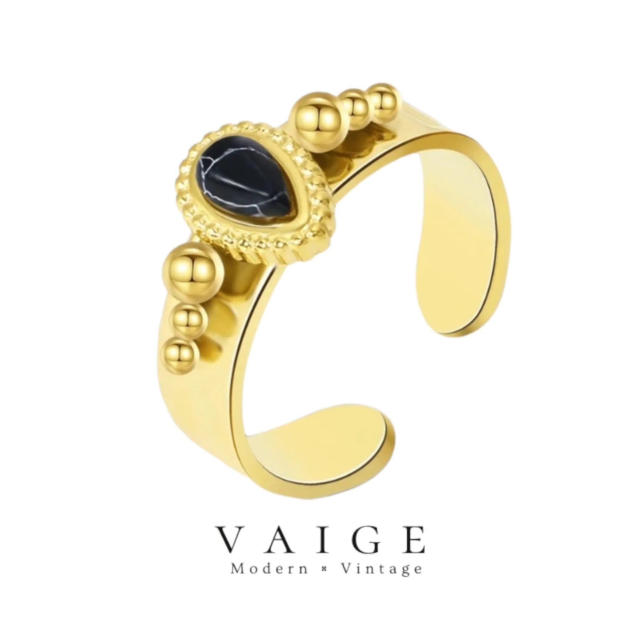 VAIGE Adjustable Black Natural Stone & Gold Stainless Steel Henley Ring