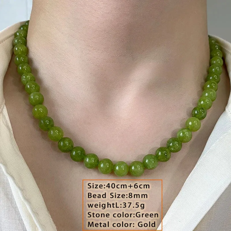 VAIGE Luxurious Natural Green Stone Round Beads Necklace - Classic French Fashion Jewelry for Parties, Featuring a Stylish Pendant and Copper Accents