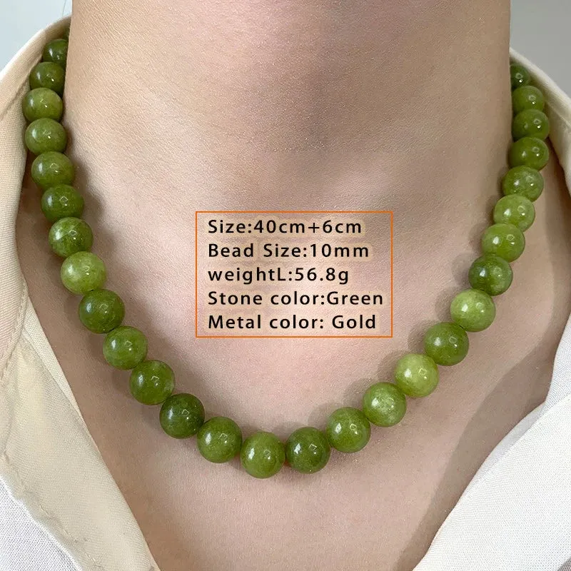 VAIGE Luxurious Natural Green Stone Round Beads Necklace - Classic French Fashion Jewelry for Parties, Featuring a Stylish Pendant and Copper Accents