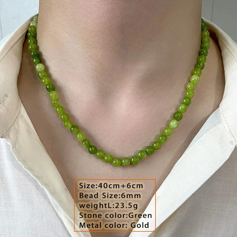 VAIGE Luxurious Natural Green Stone Round Beads Necklace - Classic French Fashion Jewelry for Parties, Featuring a Stylish Pendant and Copper Accents