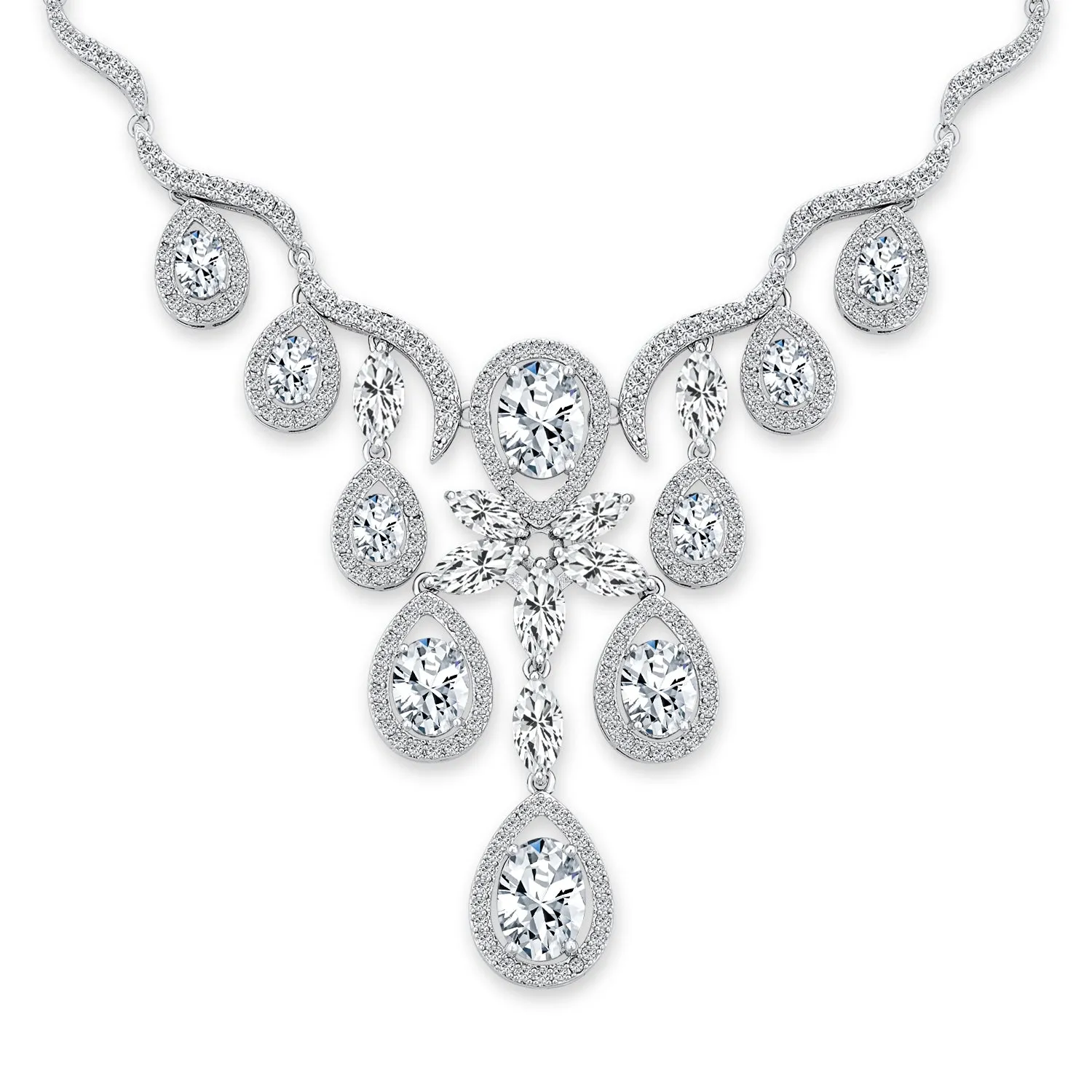 Vintage Art Deco Collar Necklace Set with Teardrop CZ and Earrings Silver Plated