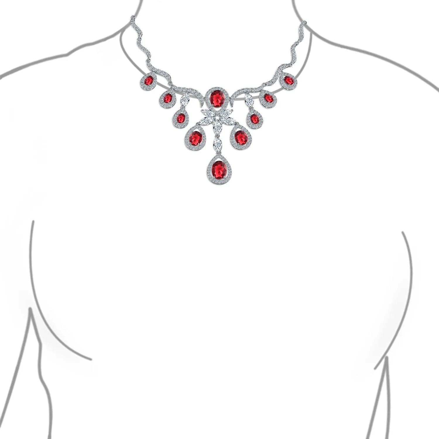 Vintage Art Deco Collar Necklace Set with Teardrop CZ and Earrings Silver Plated