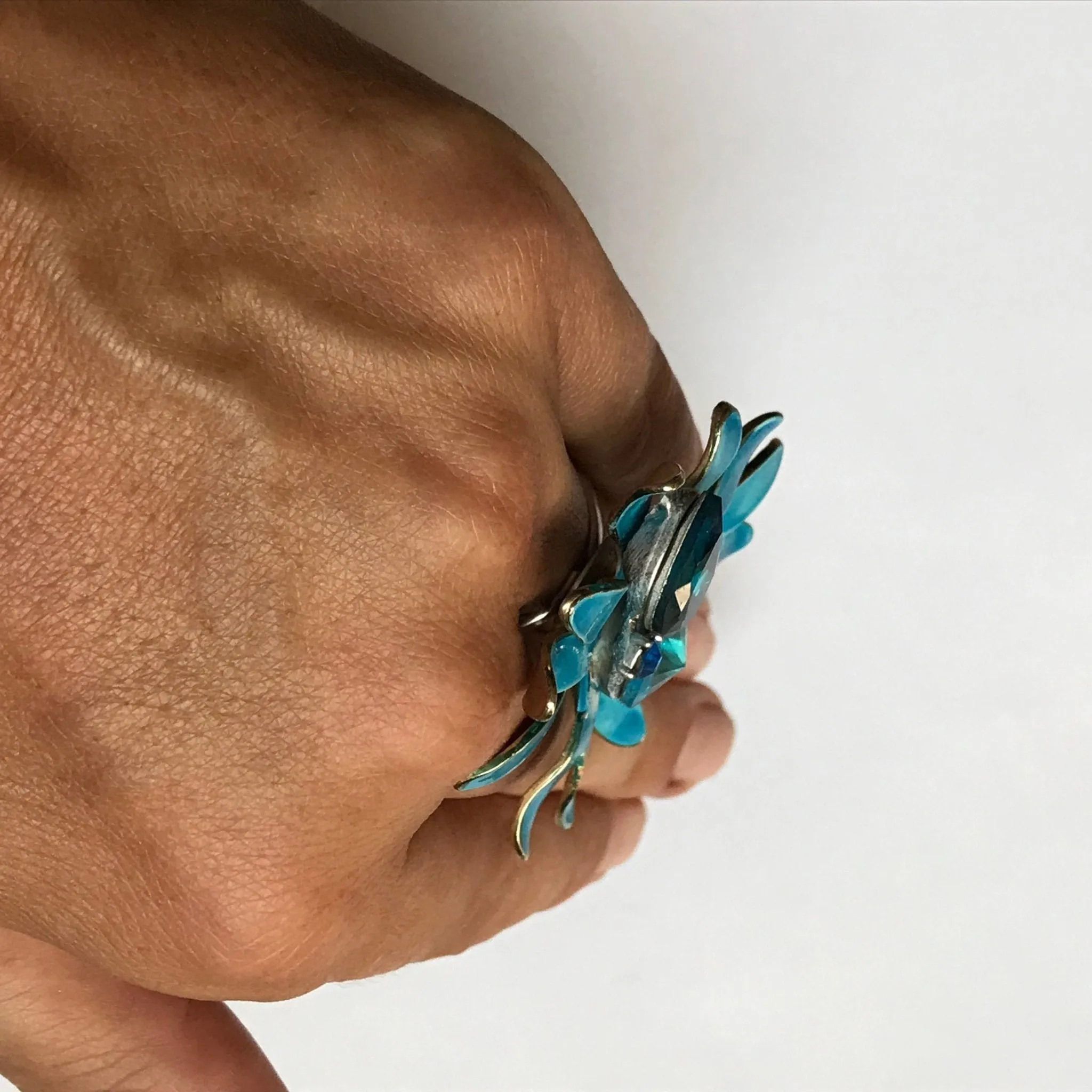 Vintage Blue Enamel Flower Ring. Upcycled Vintage Statement Ring. Blue Rhinestones.