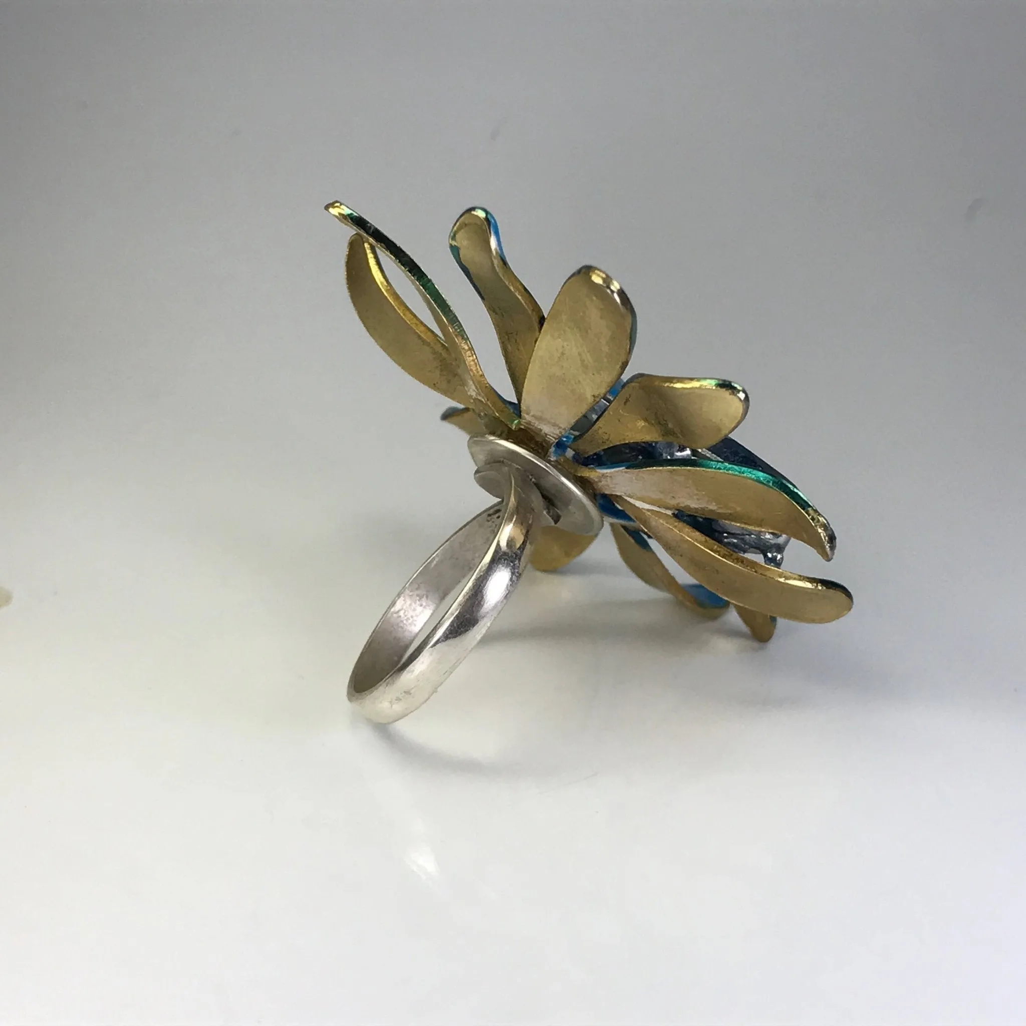 Vintage Blue Enamel Flower Ring. Upcycled Vintage Statement Ring. Blue Rhinestones.