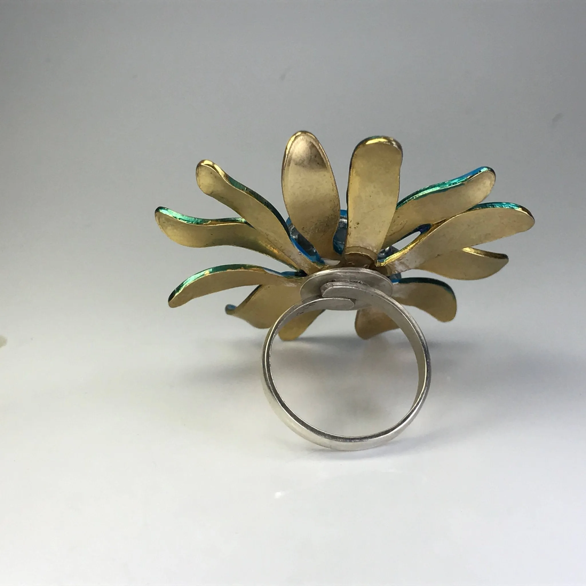 Vintage Blue Enamel Flower Ring. Upcycled Vintage Statement Ring. Blue Rhinestones.