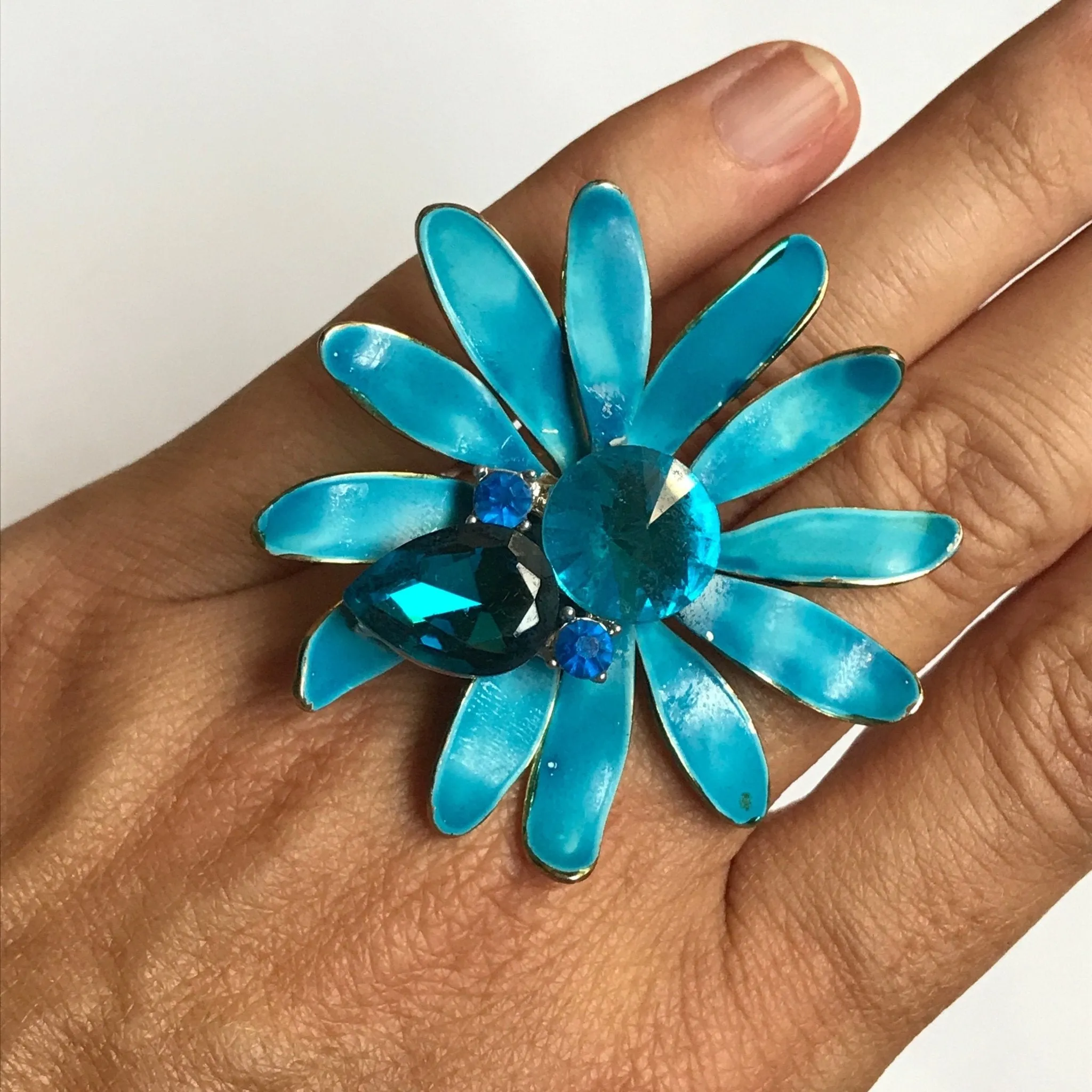 Vintage Blue Enamel Flower Ring. Upcycled Vintage Statement Ring. Blue Rhinestones.