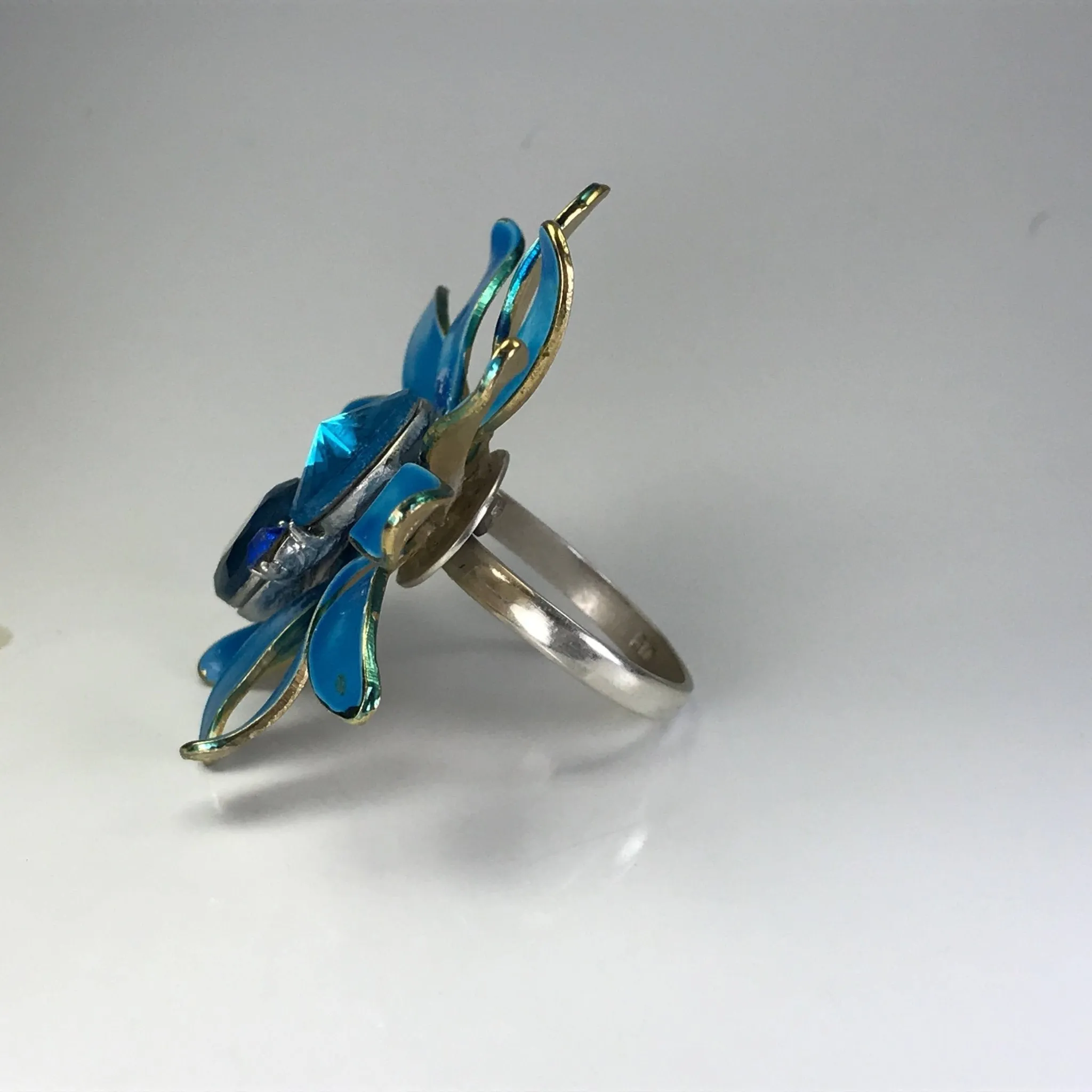 Vintage Blue Enamel Flower Ring. Upcycled Vintage Statement Ring. Blue Rhinestones.