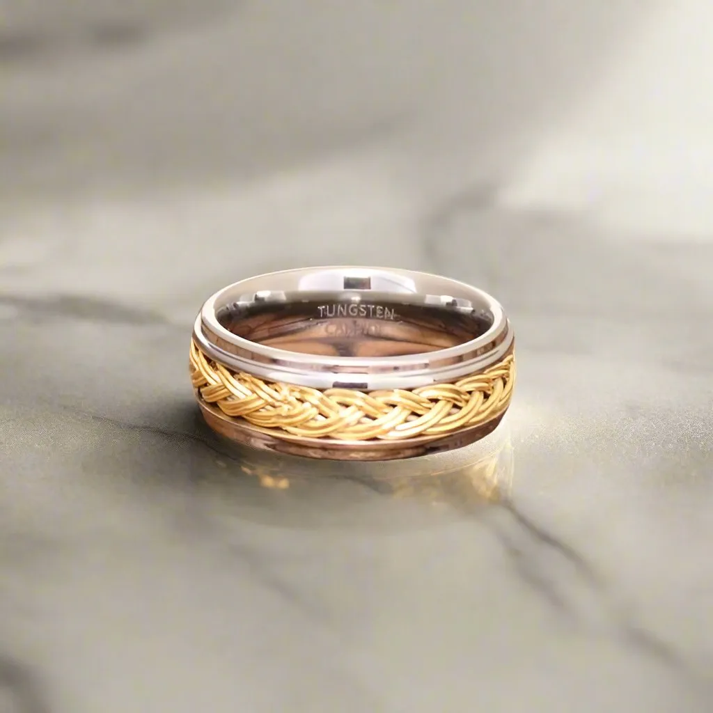 VIPER | Silver Tungsten Ring, Gold Braid, Domed