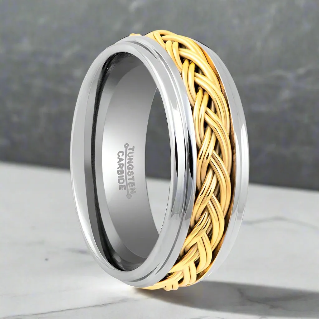 VIPER | Silver Tungsten Ring, Gold Braid, Domed