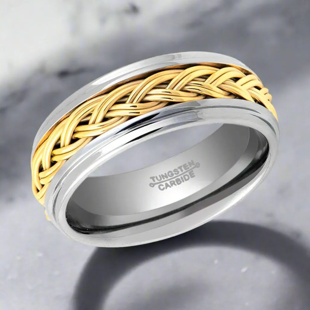 VIPER | Silver Tungsten Ring, Gold Braid, Domed