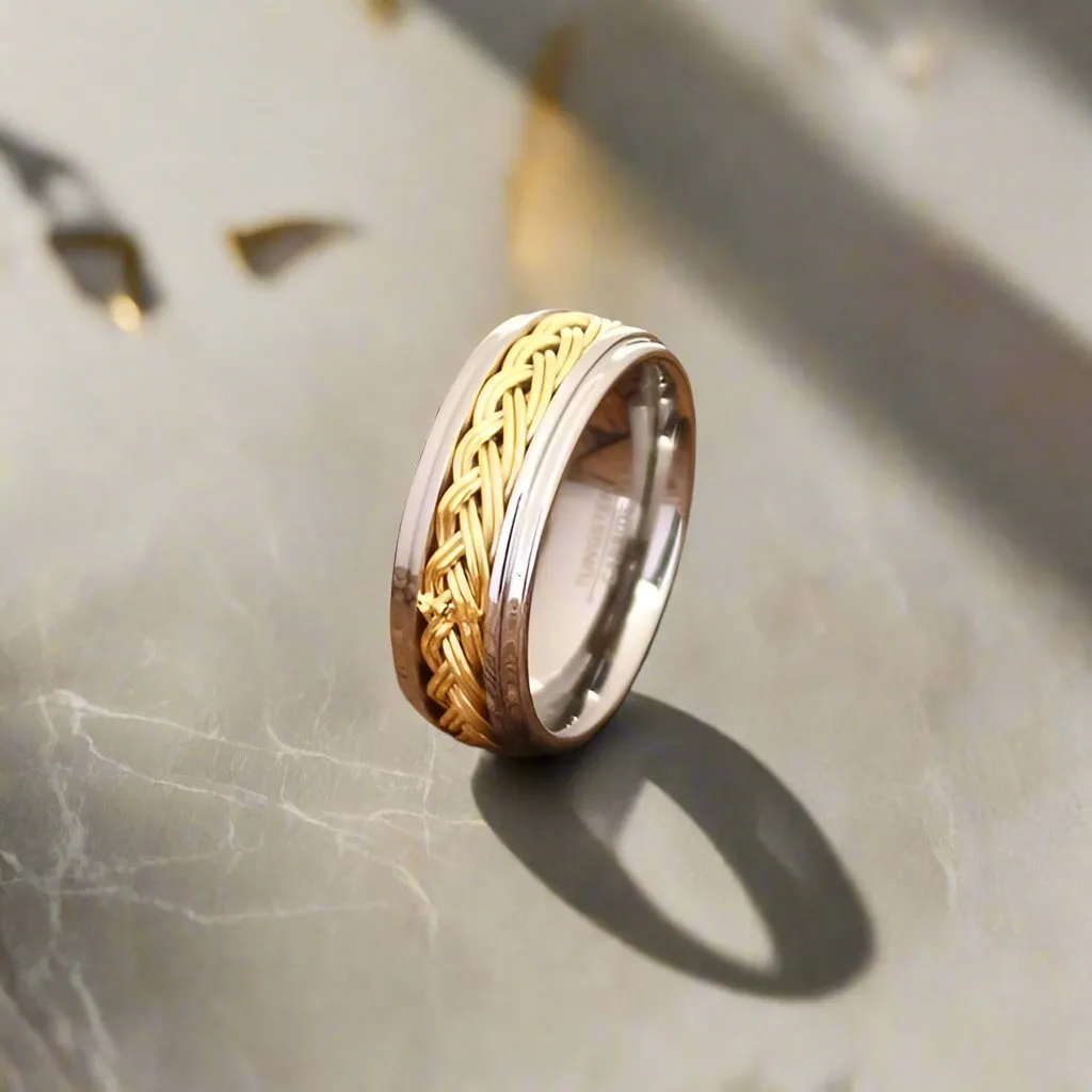 VIPER | Silver Tungsten Ring, Gold Braid, Domed