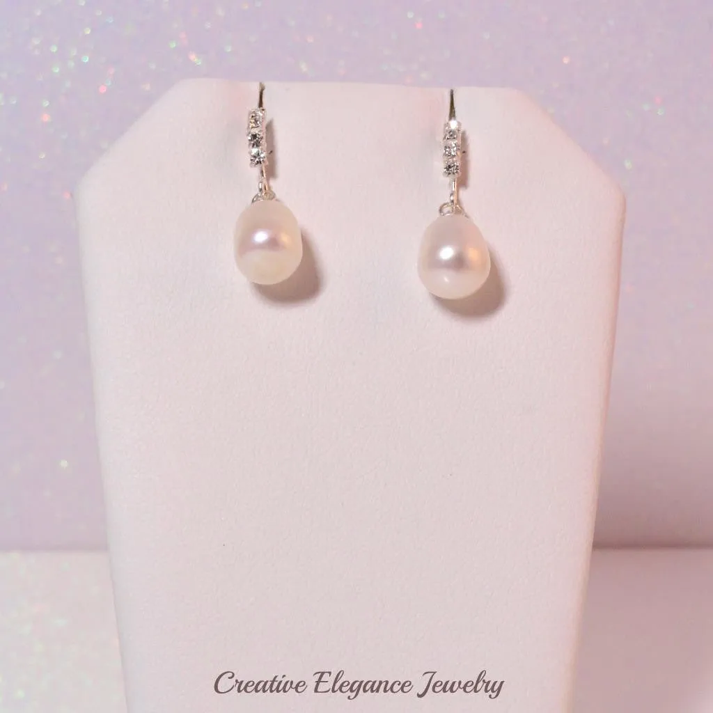 White Fresh Water Pearl and Crystal, Drop Earrings, set in 92.5 Sterling Silver