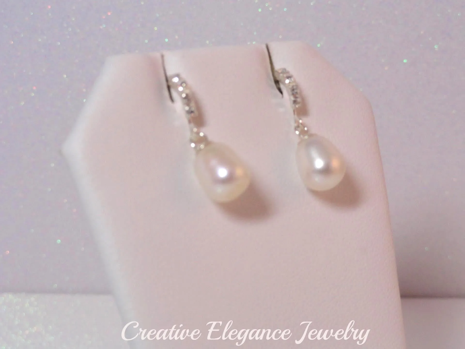 White Fresh Water Pearl and Crystal, Drop Earrings, set in 92.5 Sterling Silver