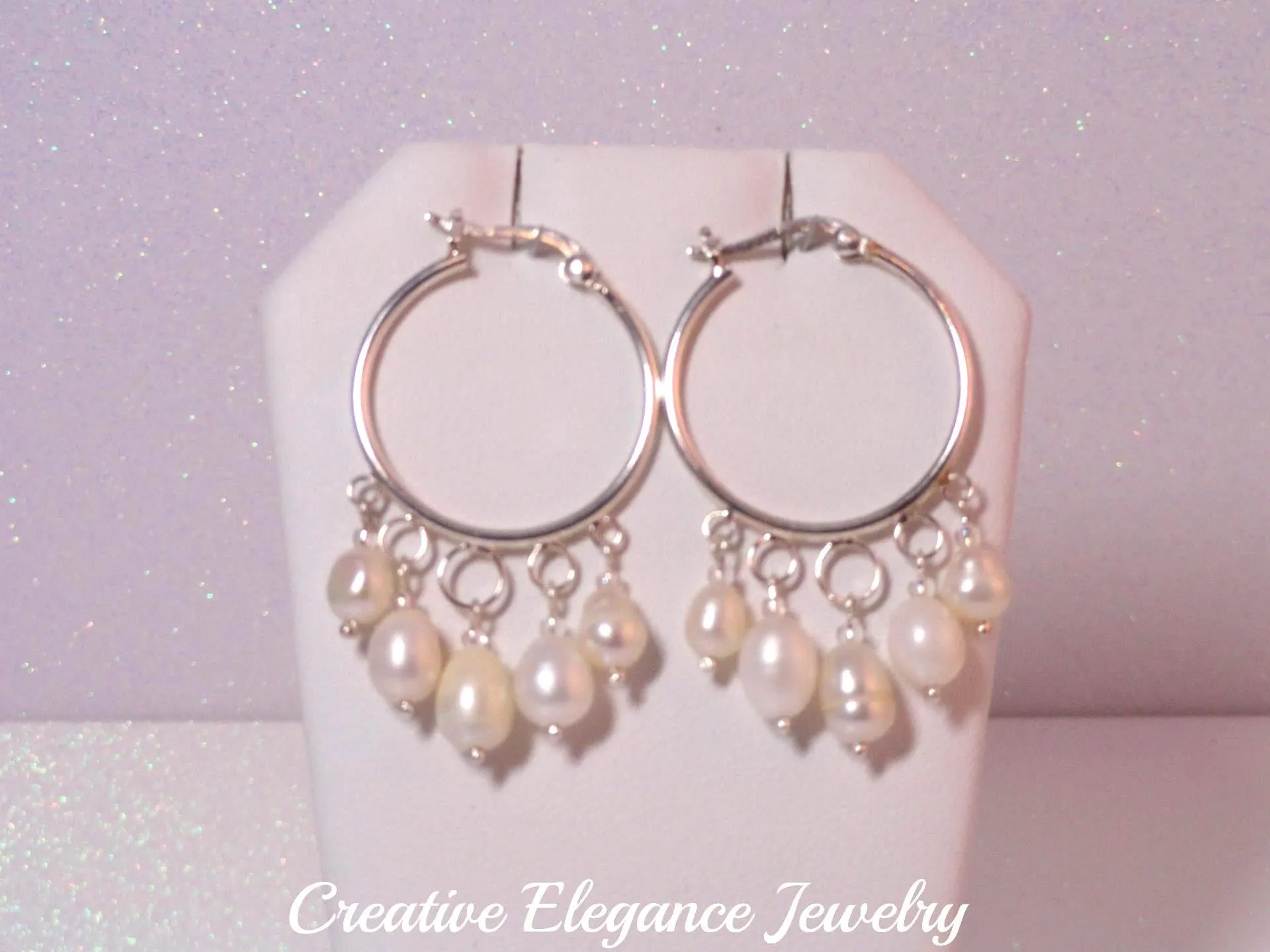 White Fresh Water Pearl, Hoop Earrings, set in 92.5 Sterling Silver