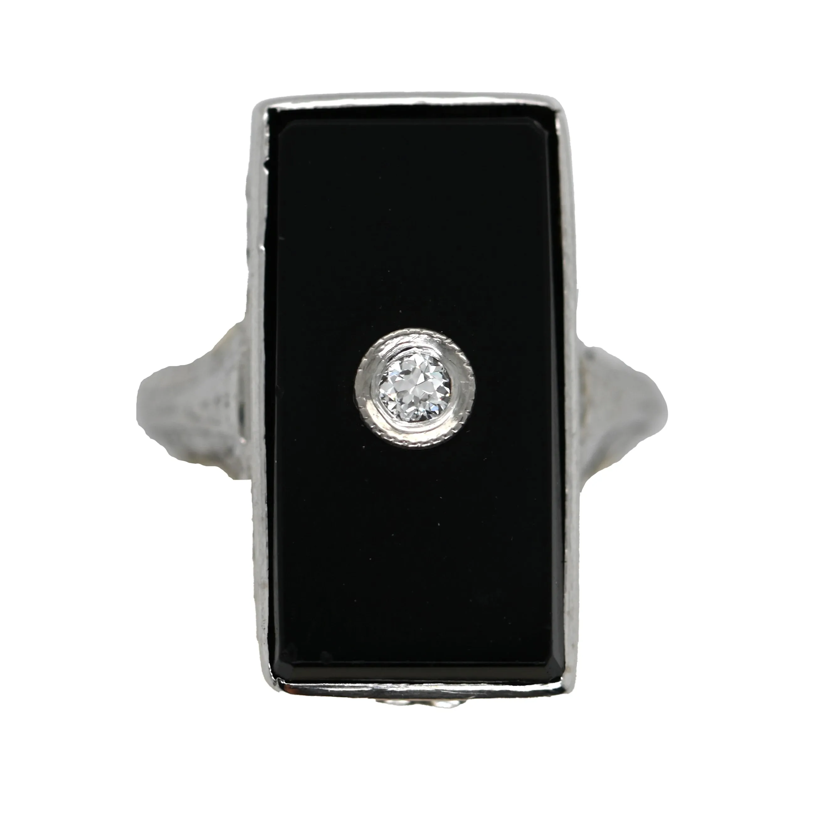 White Gold Filagree Rectangular Black Onyx & Diamond Ring