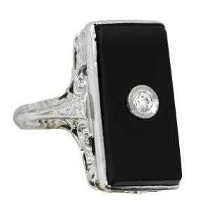 White Gold Filagree Rectangular Black Onyx & Diamond Ring