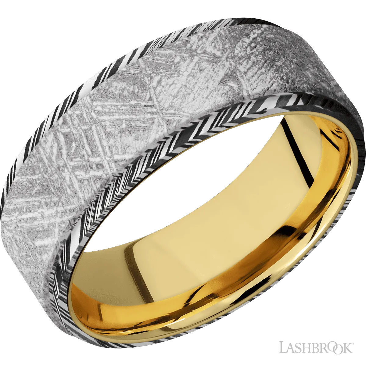 Woodgrain with Acid Finish and Meteorite Inlay and 14K Yellow Gold - 8MM