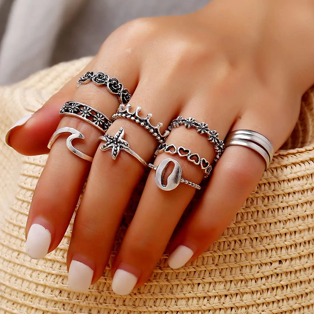 Yellow Chimes 10 Pieces Combo Boho Vintage Style Midi Finger Silver Oxidised Knuckle Rings Set for Women and Girls (Model: YCFJRG-85OXDNKL-C-SL)