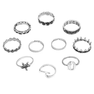 Yellow Chimes 10 Pieces Combo Boho Vintage Style Midi Finger Silver Oxidised Knuckle Rings Set for Women and Girls (Model: YCFJRG-85OXDNKL-C-SL)