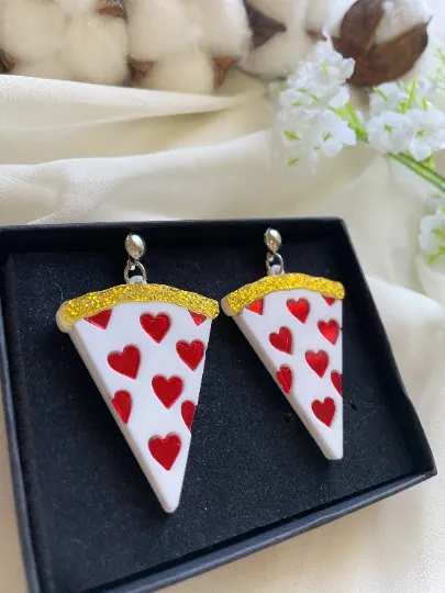 Yummy heart salami pizza earrings | boho style earrings | funky pop art earrings | acrylic art oversize earrings | party food