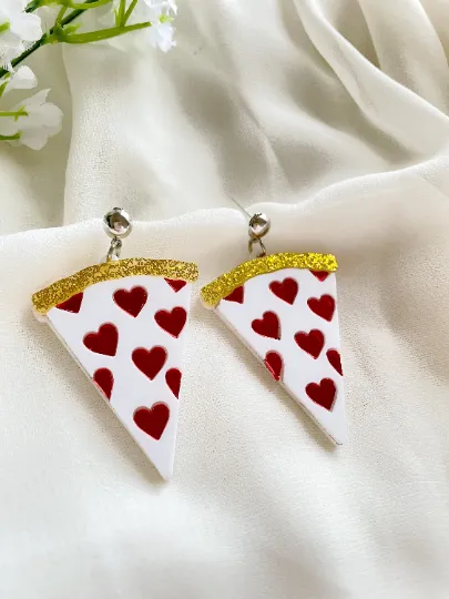 Yummy heart salami pizza earrings | boho style earrings | funky pop art earrings | acrylic art oversize earrings | party food