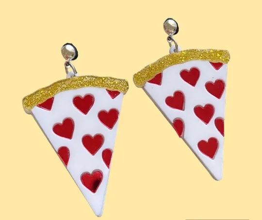 Yummy heart salami pizza earrings | boho style earrings | funky pop art earrings | acrylic art oversize earrings | party food