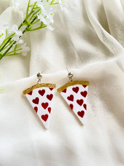 Yummy heart salami pizza earrings | boho style earrings | funky pop art earrings | acrylic art oversize earrings | party food