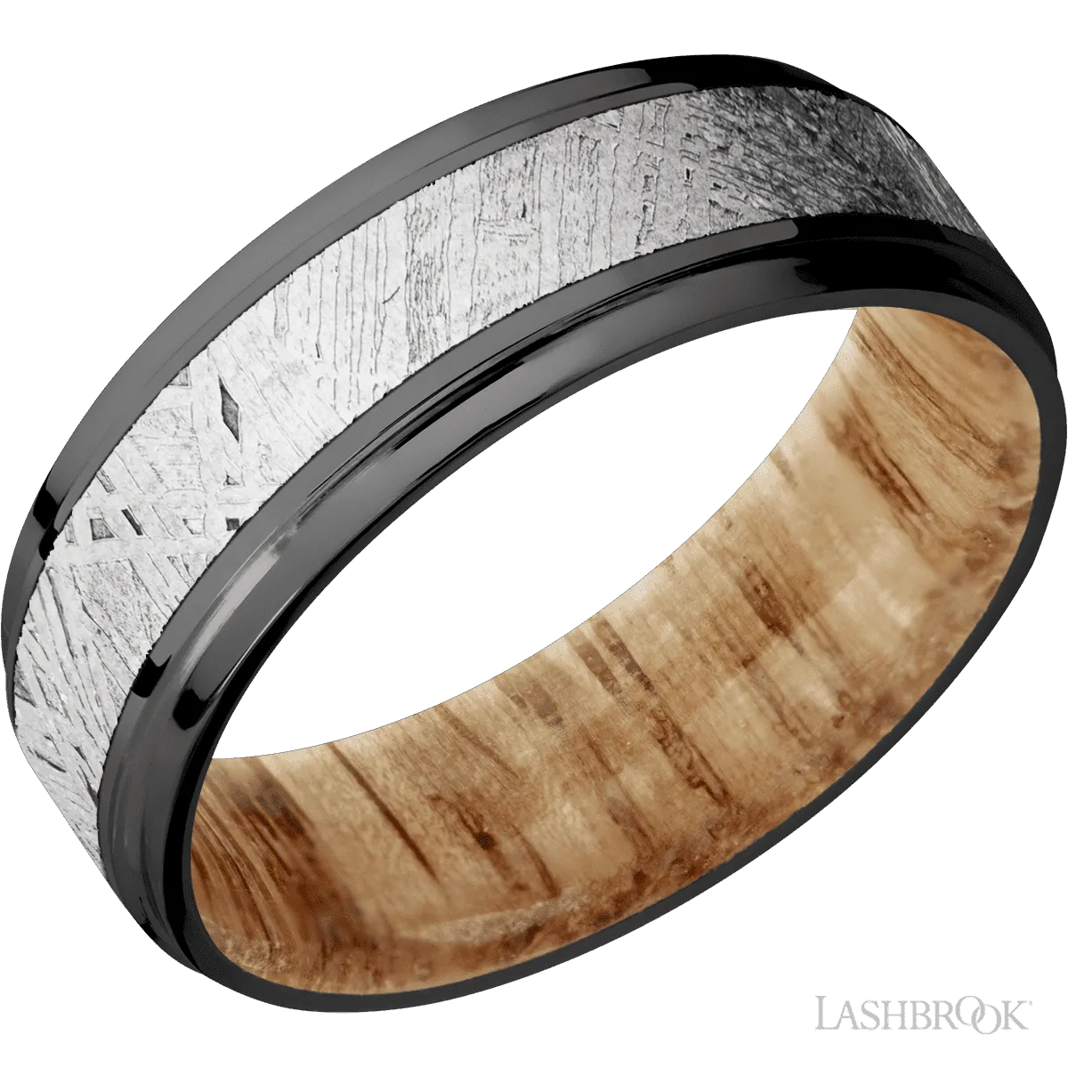 Zirconium with Polish , Polish Finish and Meteorite Inlay and Natural Oak - 7MM