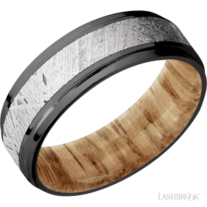 Zirconium with Polish , Polish Finish and Meteorite Inlay and Natural Oak - 7MM