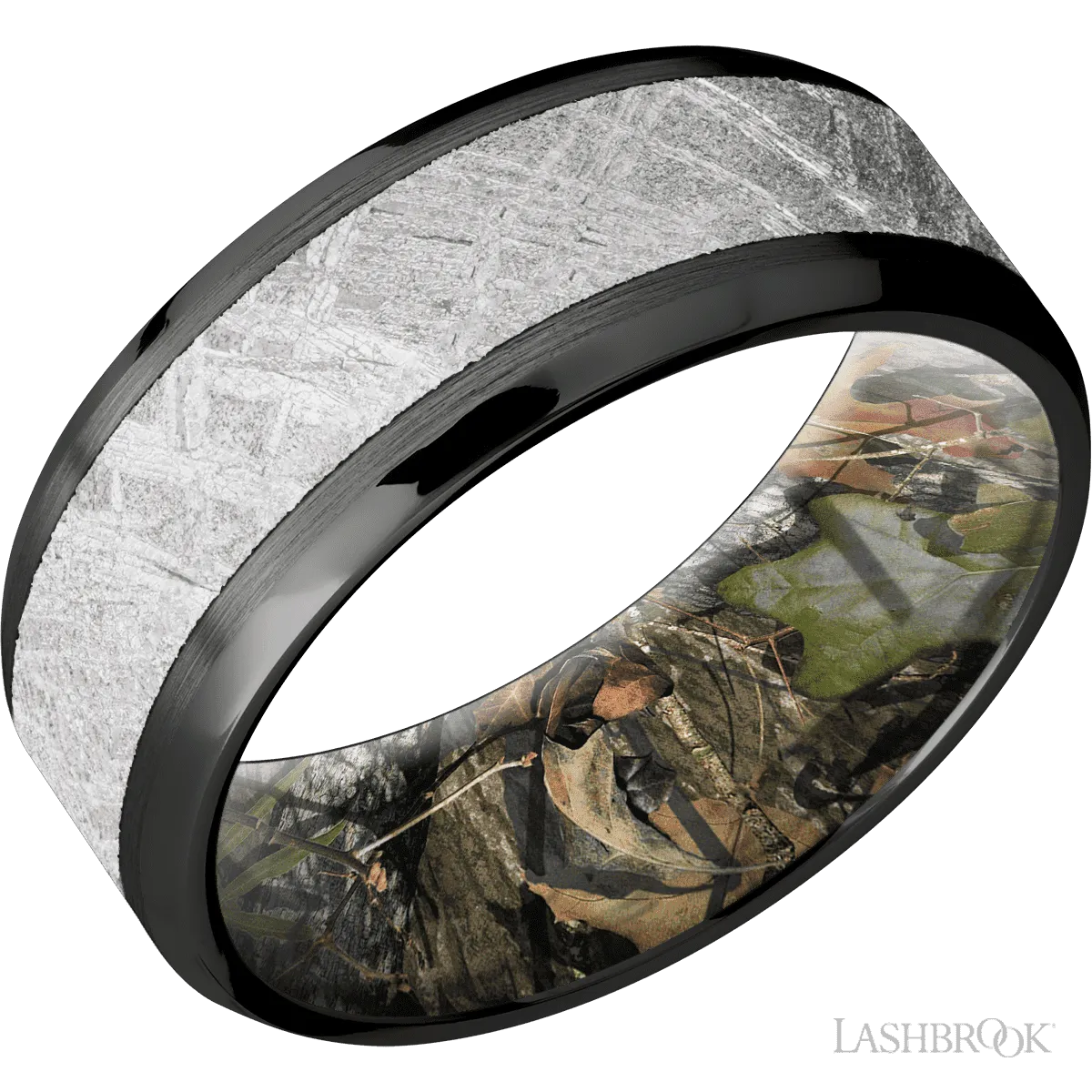 Zirconium with Satin , Polish Finish and Meteorite Inlay and MossyOak Obsession - 8MM